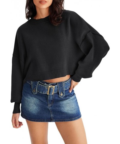 Women's 2024 Crewneck Cropped Sweater Fall Batwing Sleeve Oversized Side Slit Ribbed Knit Pullover Jumper Tops Black $19.68 S...