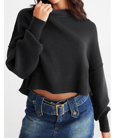 Women's 2024 Crewneck Cropped Sweater Fall Batwing Sleeve Oversized Side Slit Ribbed Knit Pullover Jumper Tops Black $19.68 S...