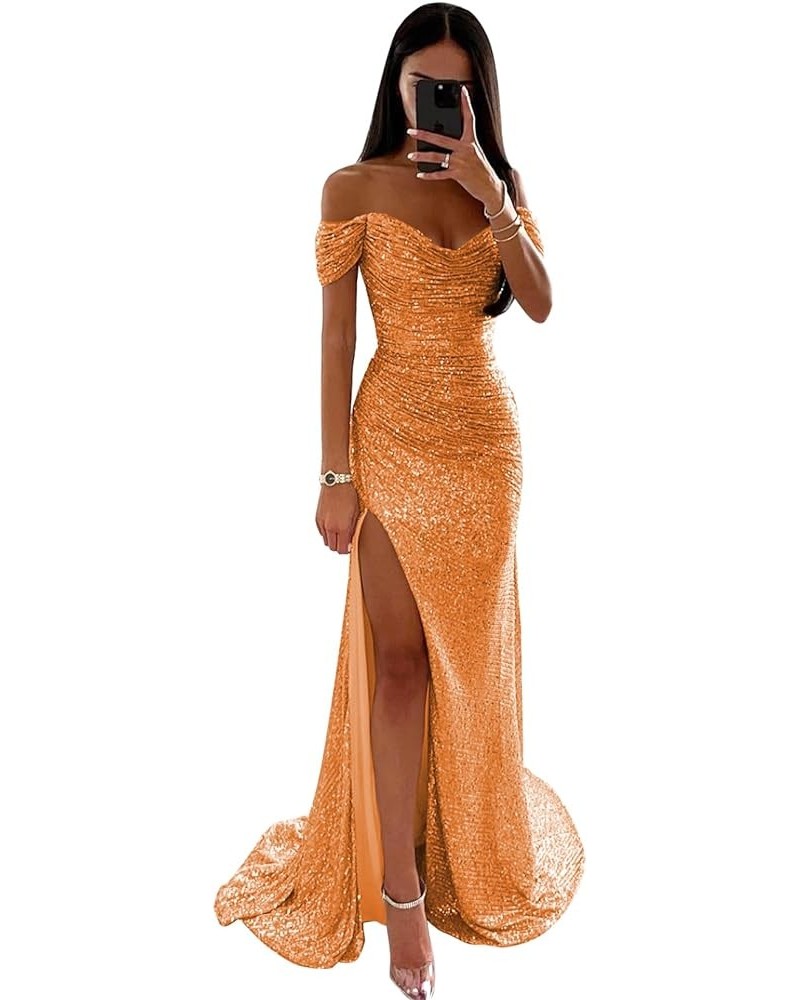 Women's Sequin Prom Dresses with Slit Mermaid Long Ball Gown Ruched Sparkly Formal Evening Gown Orange $30.00 Dresses