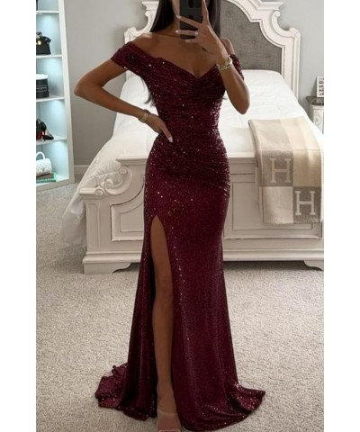 Women's Sequin Prom Dresses with Slit Mermaid Long Ball Gown Ruched Sparkly Formal Evening Gown Orange $30.00 Dresses