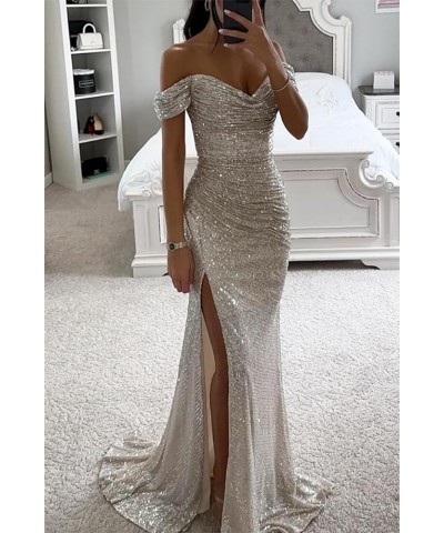 Women's Sequin Prom Dresses with Slit Mermaid Long Ball Gown Ruched Sparkly Formal Evening Gown Orange $30.00 Dresses