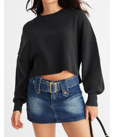 Women's 2024 Crewneck Cropped Sweater Fall Batwing Sleeve Oversized Side Slit Ribbed Knit Pullover Jumper Tops Black $19.68 S...