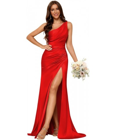 Women's One Shoulder Bridesmaid Dresses with Slit Long Satin Mermaid Prom Dress 2024 NO092 Red $30.00 Dresses