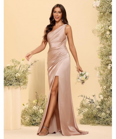 Women's One Shoulder Bridesmaid Dresses with Slit Long Satin Mermaid Prom Dress 2024 NO092 Red $30.00 Dresses