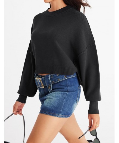 Women's 2024 Crewneck Cropped Sweater Fall Batwing Sleeve Oversized Side Slit Ribbed Knit Pullover Jumper Tops Black $19.68 S...