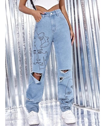 Womens Jeans Jeans for Women Face Line Art Ripped Jeans (Size : Small) X-Small Multi-color $29.84 Jeans