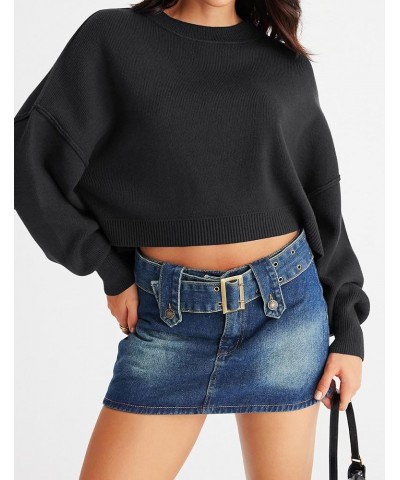 Women's 2024 Crewneck Cropped Sweater Fall Batwing Sleeve Oversized Side Slit Ribbed Knit Pullover Jumper Tops Black $19.68 S...