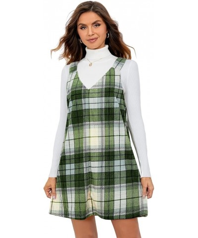 Women's V Neck Corduroy Pinafore Overall Mini Dress Jumper Dress Green Tartan $12.23 Overalls