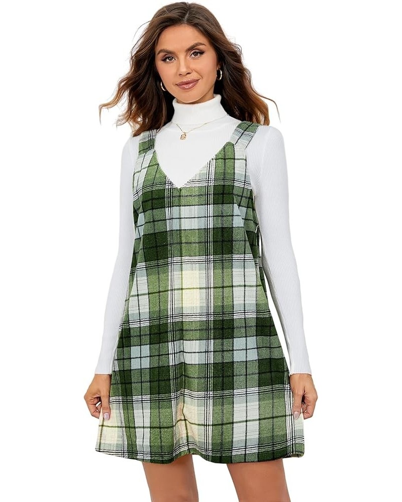 Women's V Neck Corduroy Pinafore Overall Mini Dress Jumper Dress Green Tartan $12.23 Overalls