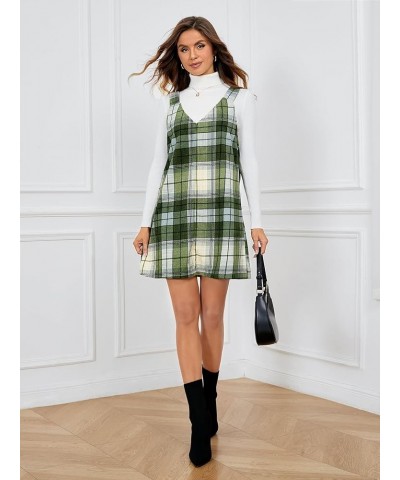 Women's V Neck Corduroy Pinafore Overall Mini Dress Jumper Dress Green Tartan $12.23 Overalls