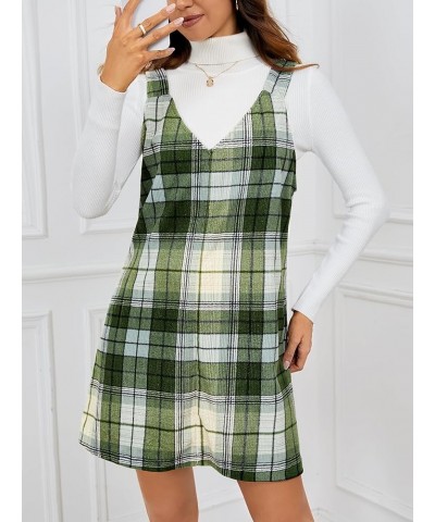 Women's V Neck Corduroy Pinafore Overall Mini Dress Jumper Dress Green Tartan $12.23 Overalls