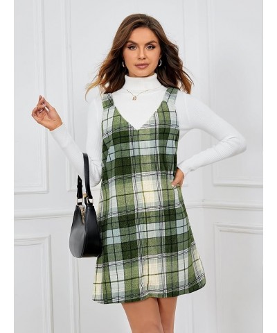 Women's V Neck Corduroy Pinafore Overall Mini Dress Jumper Dress Green Tartan $12.23 Overalls