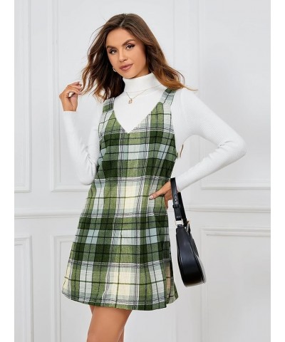 Women's V Neck Corduroy Pinafore Overall Mini Dress Jumper Dress Green Tartan $12.23 Overalls