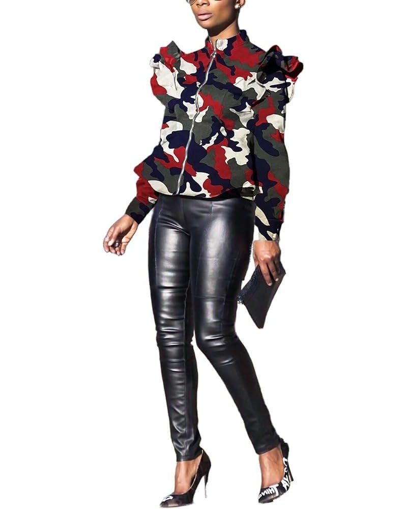 Camo Coat for Women Lightweight Zip Up Camouflage Cropped Jacket Tops Stand Collar Short Denim Outwear Wine $18.23 Jackets