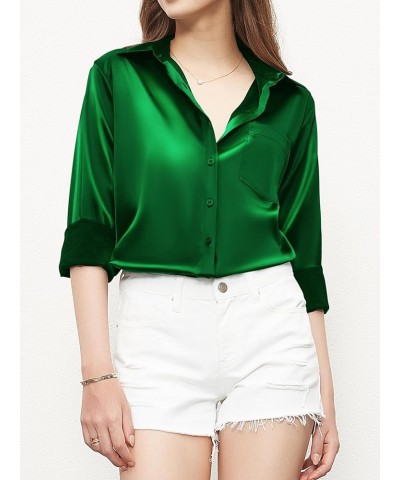 Women's Button Down Shirts Satin Long Sleeve Casual Business Silk Tops with Pocket 1_935_dark Green $19.59 Blouses