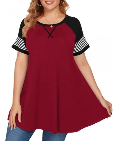 Plus Size Tops for Women Short Sleeve Casual T Shirt Blouses Tunics for Leggings Summer Loose Fit Color Block Stripe 933 Wine...