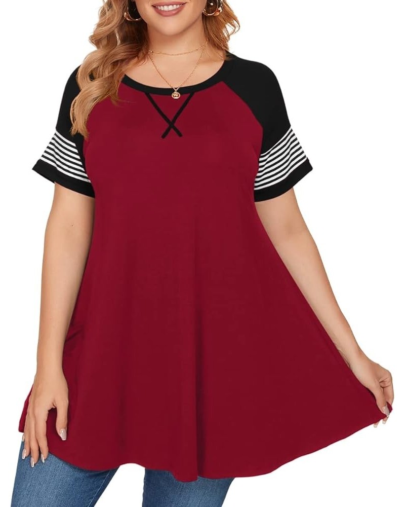 Plus Size Tops for Women Short Sleeve Casual T Shirt Blouses Tunics for Leggings Summer Loose Fit Color Block Stripe 933 Wine...