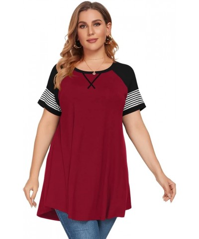 Plus Size Tops for Women Short Sleeve Casual T Shirt Blouses Tunics for Leggings Summer Loose Fit Color Block Stripe 933 Wine...