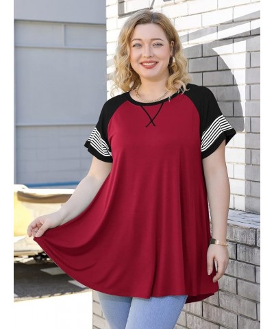 Plus Size Tops for Women Short Sleeve Casual T Shirt Blouses Tunics for Leggings Summer Loose Fit Color Block Stripe 933 Wine...