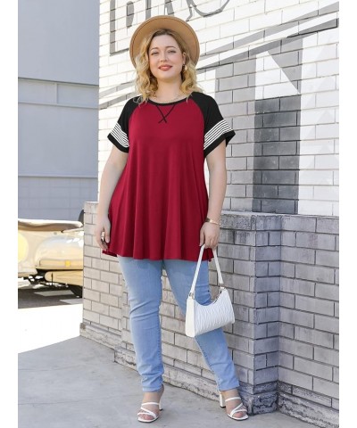 Plus Size Tops for Women Short Sleeve Casual T Shirt Blouses Tunics for Leggings Summer Loose Fit Color Block Stripe 933 Wine...