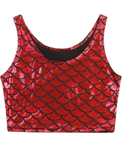 Women Rave Festival Shiny Holographic Mermaid Scale Tank Top Gym Fitness Sports Crop Top Burgundy $8.50 Lingerie