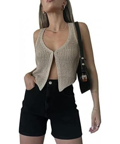 Crochet Knitted Vest for Women Vintage Y2K Hollow Out Button Down Cardigan Retro Crochet Knit Tank Vest 2-khaki $10.70 Sweaters