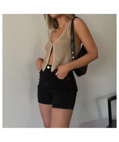 Crochet Knitted Vest for Women Vintage Y2K Hollow Out Button Down Cardigan Retro Crochet Knit Tank Vest 2-khaki $10.70 Sweaters