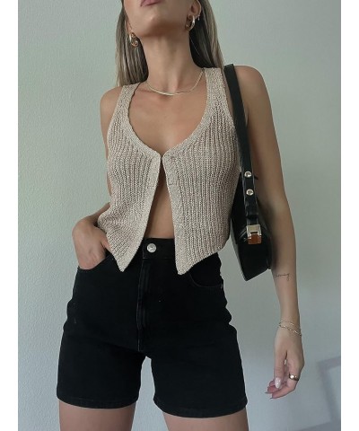 Crochet Knitted Vest for Women Vintage Y2K Hollow Out Button Down Cardigan Retro Crochet Knit Tank Vest 2-khaki $10.70 Sweaters