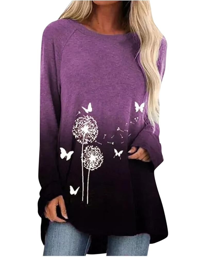 Womens Long Sleeve T Shirts Blouses Trendy Tops Casual Floral Tunic Sweatshirts Long Sleeve Round Neck Shirts S1-purple $4.94...