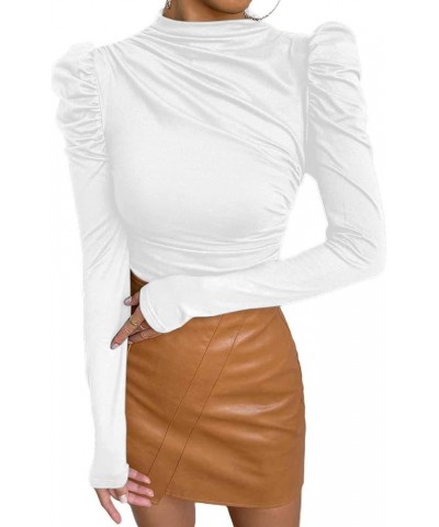 Women's Elegant Mock Neck Blouse Tops Puff Long Sleeve Ruched Work Shirts White W02 $17.27 Blouses