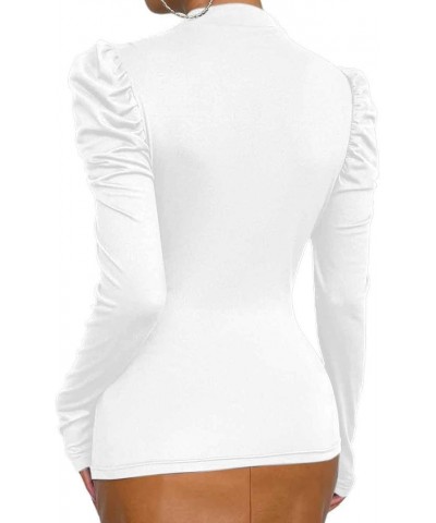 Women's Elegant Mock Neck Blouse Tops Puff Long Sleeve Ruched Work Shirts White W02 $17.27 Blouses