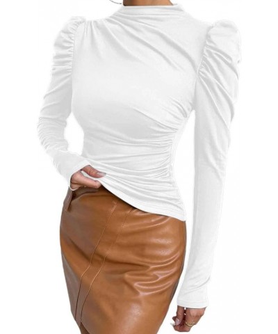 Women's Elegant Mock Neck Blouse Tops Puff Long Sleeve Ruched Work Shirts White W02 $17.27 Blouses