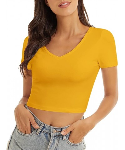 Women's Casual Short Sleeve Crop Top Basic Solid Slim Crop Tee Shirts Mustard Yellow/V-neck $10.82 T-Shirts