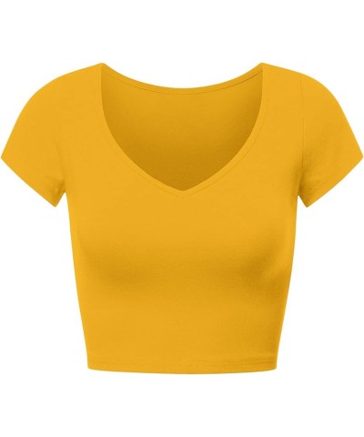 Women's Casual Short Sleeve Crop Top Basic Solid Slim Crop Tee Shirts Mustard Yellow/V-neck $10.82 T-Shirts