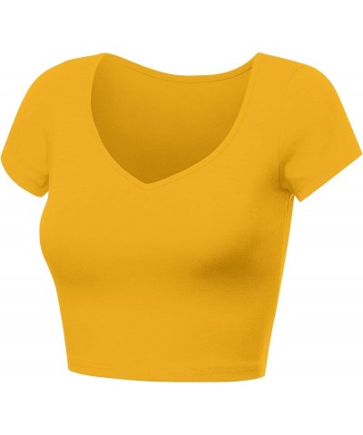 Women's Casual Short Sleeve Crop Top Basic Solid Slim Crop Tee Shirts Mustard Yellow/V-neck $10.82 T-Shirts