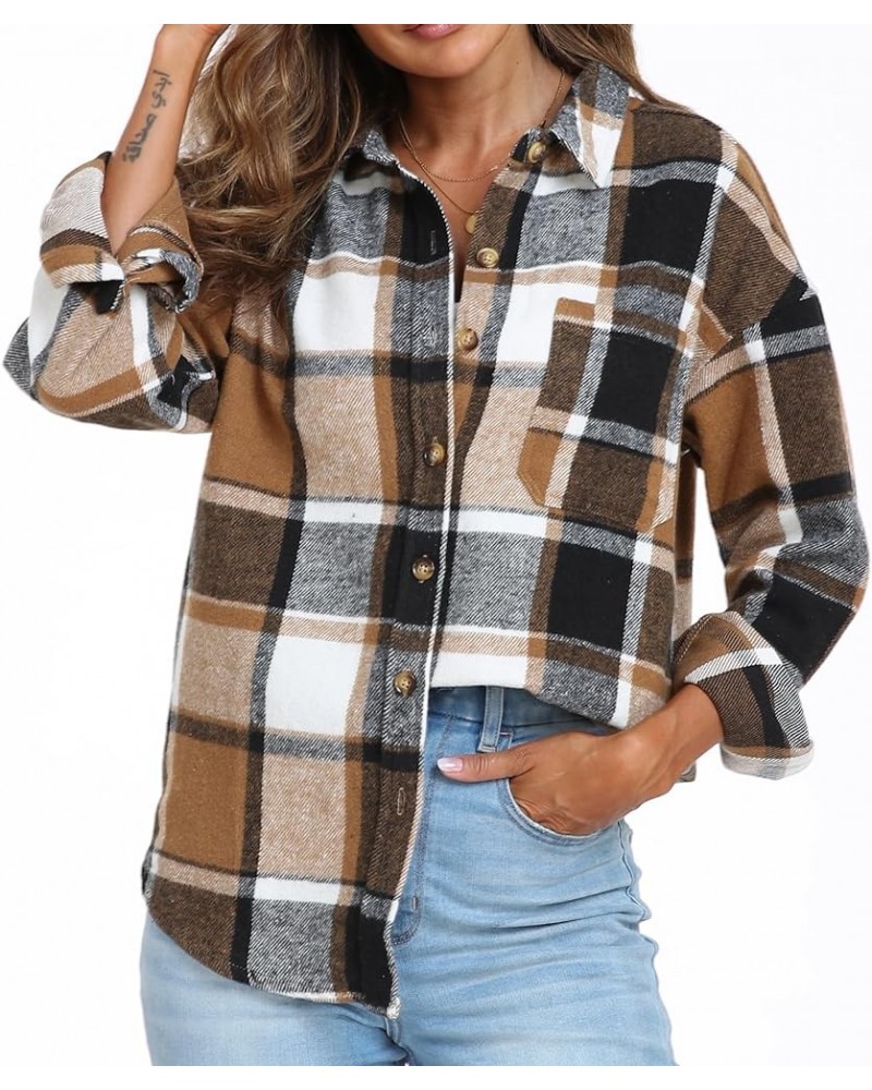 Womens 2024 Corduroy Button Down Shirt Casual Oversized Long Sleeve Blouses Tops 11 Fp Black Brown Plaid $20.29 Blouses