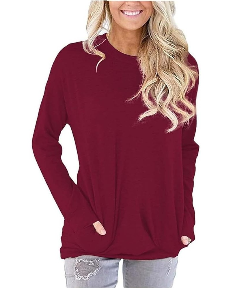 Womens Casual Long Sleeve Tunic Tops Solid Color Crew Neck Comfy Pullover Sweatshirts Loose Fit Blouses with Pockets 32-wine ...