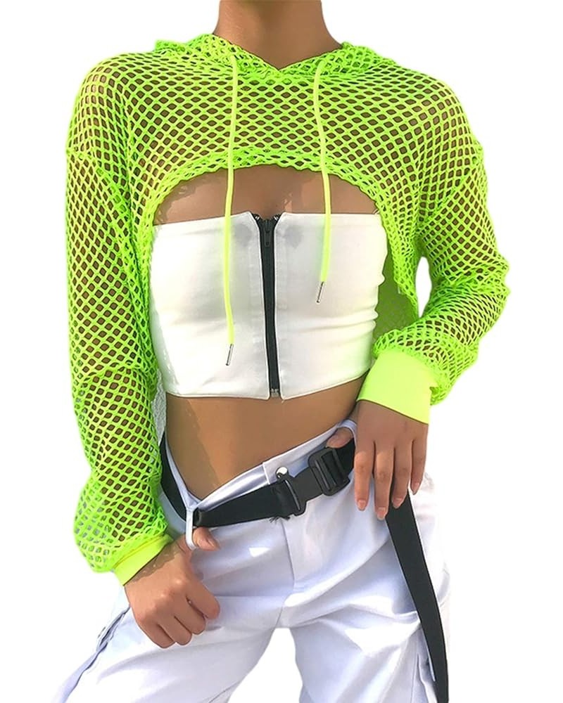 Women's Mesh Fishnet Patchwork Crop Top Hoodie Sexy Long Sleeve Pullover Shirts Green $9.17 Hoodies & Sweatshirts