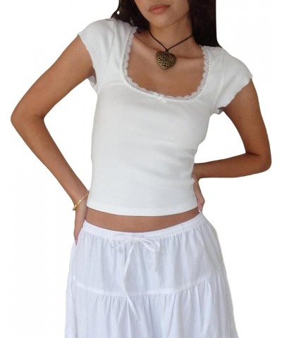 Women Square Neck Shorts Sleeve Cropped T Shirts Slim Fit Lace Trim Crop Top Y2K Ribbed Shirt Going Out Tops Tee White $9.50 ...