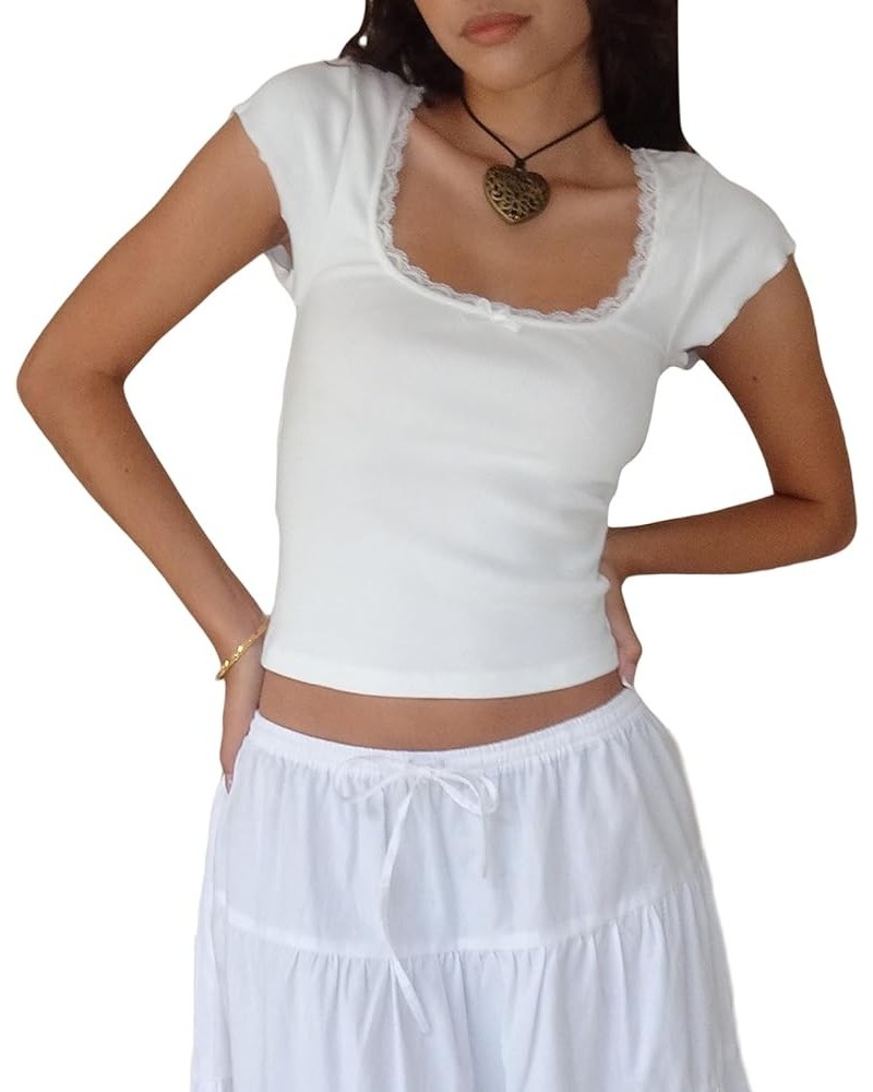 Women Square Neck Shorts Sleeve Cropped T Shirts Slim Fit Lace Trim Crop Top Y2K Ribbed Shirt Going Out Tops Tee White $9.50 ...