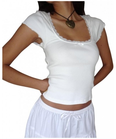 Women Square Neck Shorts Sleeve Cropped T Shirts Slim Fit Lace Trim Crop Top Y2K Ribbed Shirt Going Out Tops Tee White $9.50 ...