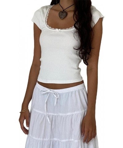 Women Square Neck Shorts Sleeve Cropped T Shirts Slim Fit Lace Trim Crop Top Y2K Ribbed Shirt Going Out Tops Tee White $9.50 ...