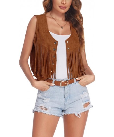 Fringe Vest Women Faux Suede Open-Front Vintage Vest Sleeveless 70s Hippie Clothes Boho Western Jacket A_dark Khaki $19.94 Vests