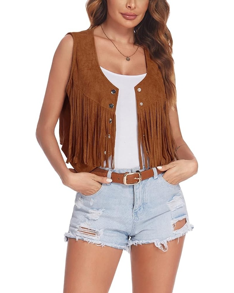 Fringe Vest Women Faux Suede Open-Front Vintage Vest Sleeveless 70s Hippie Clothes Boho Western Jacket A_dark Khaki $19.94 Vests