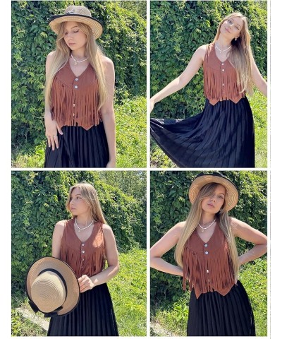 Fringe Vest Women Faux Suede Open-Front Vintage Vest Sleeveless 70s Hippie Clothes Boho Western Jacket A_dark Khaki $19.94 Vests