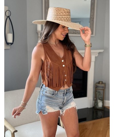 Fringe Vest Women Faux Suede Open-Front Vintage Vest Sleeveless 70s Hippie Clothes Boho Western Jacket A_dark Khaki $19.94 Vests