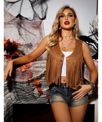 Fringe Vest Women Faux Suede Open-Front Vintage Vest Sleeveless 70s Hippie Clothes Boho Western Jacket A_dark Khaki $19.94 Vests