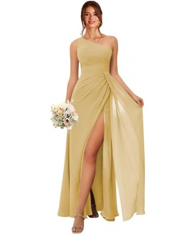 One Shoulder Bridesmaid Dresses for Women A Line Pleated Formal Dress with Slit YMS310 Gold $28.04 Dresses