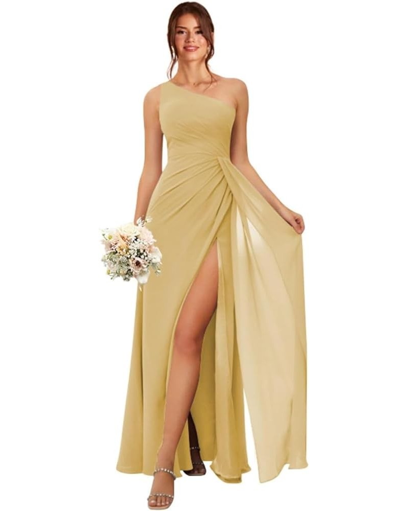 One Shoulder Bridesmaid Dresses for Women A Line Pleated Formal Dress with Slit YMS310 Gold $28.04 Dresses