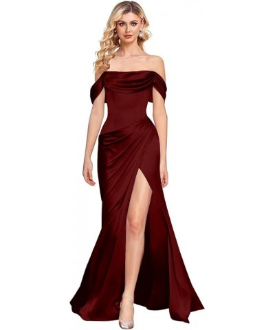 Off Shoulder Prom Dresses for Women Long Mermaid Evening Dresses Satin High Split Bridemaid Dresses Burgundy $14.78 Dresses